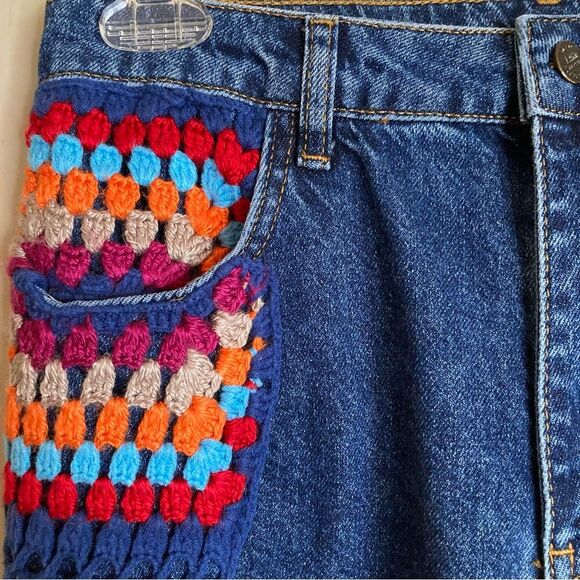 RARE Farm Rio Crochet Squares Denim Jacket & Jeans Set Pants Granny Blue Size S - Picture 11 of 16